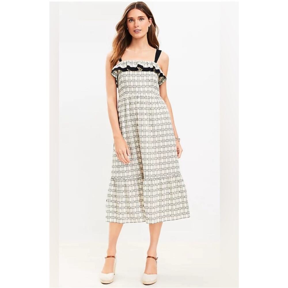 Loft Women Ruffle Square Neck Midi Dress Size 6 Boho Plaid Prairie Peasant Beach